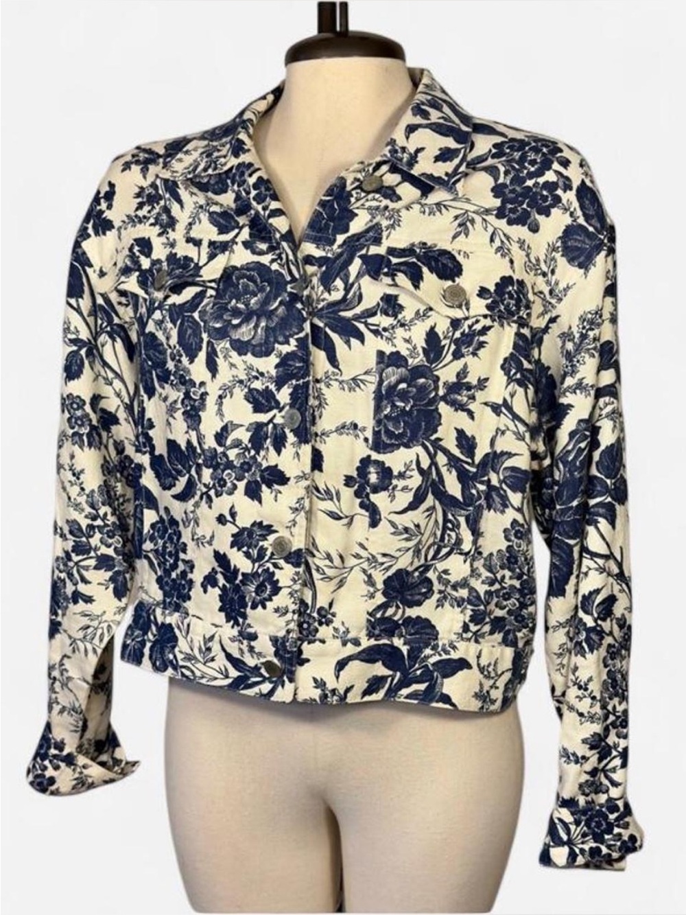 Lauren Ralph Lauren 100% Linen Toile Floral Cropped Trucker Jacket Small